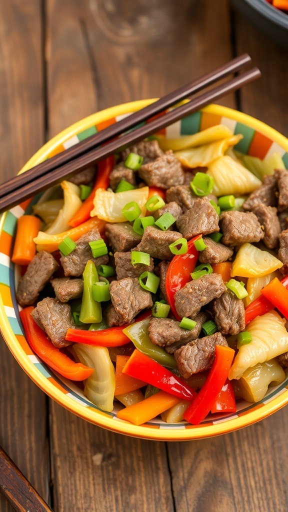 A colorful Beef and Cabbage Stir-Fry with beef, cabbage, and bell peppers in a bowl, garnished with green onions.
